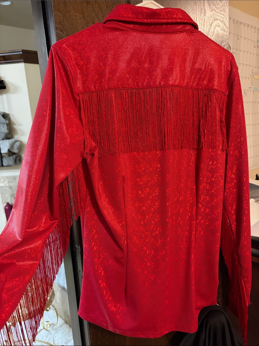 Ranch Dress’n rodeo shirt  size Medium Red Metallic Long-Sleeve - red fringe